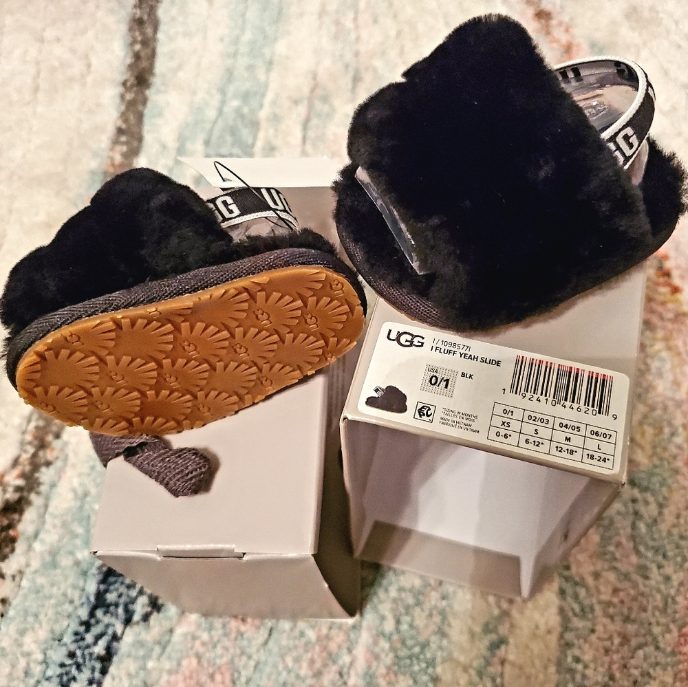 Ugg Baby Fluff Yeah Slides 0-6months XS black slip on slides sandals